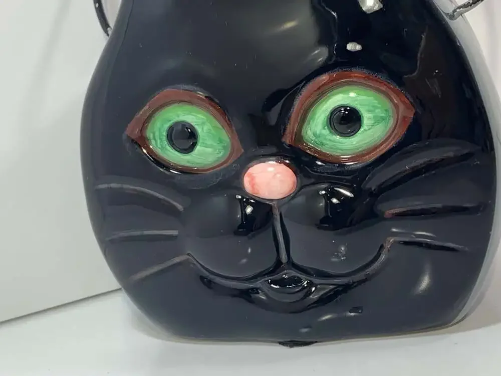 Black Cat Green Eyes  Halloween ceramic planter basket/vase decor